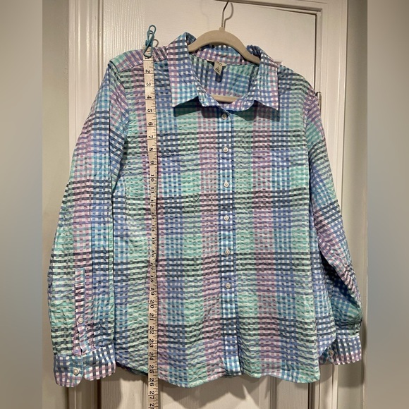 L.L. Bean Size LP Pastel Plaid Long Sleeve Button Down Seersucker Cotton Shirt - Picture 6 of 11